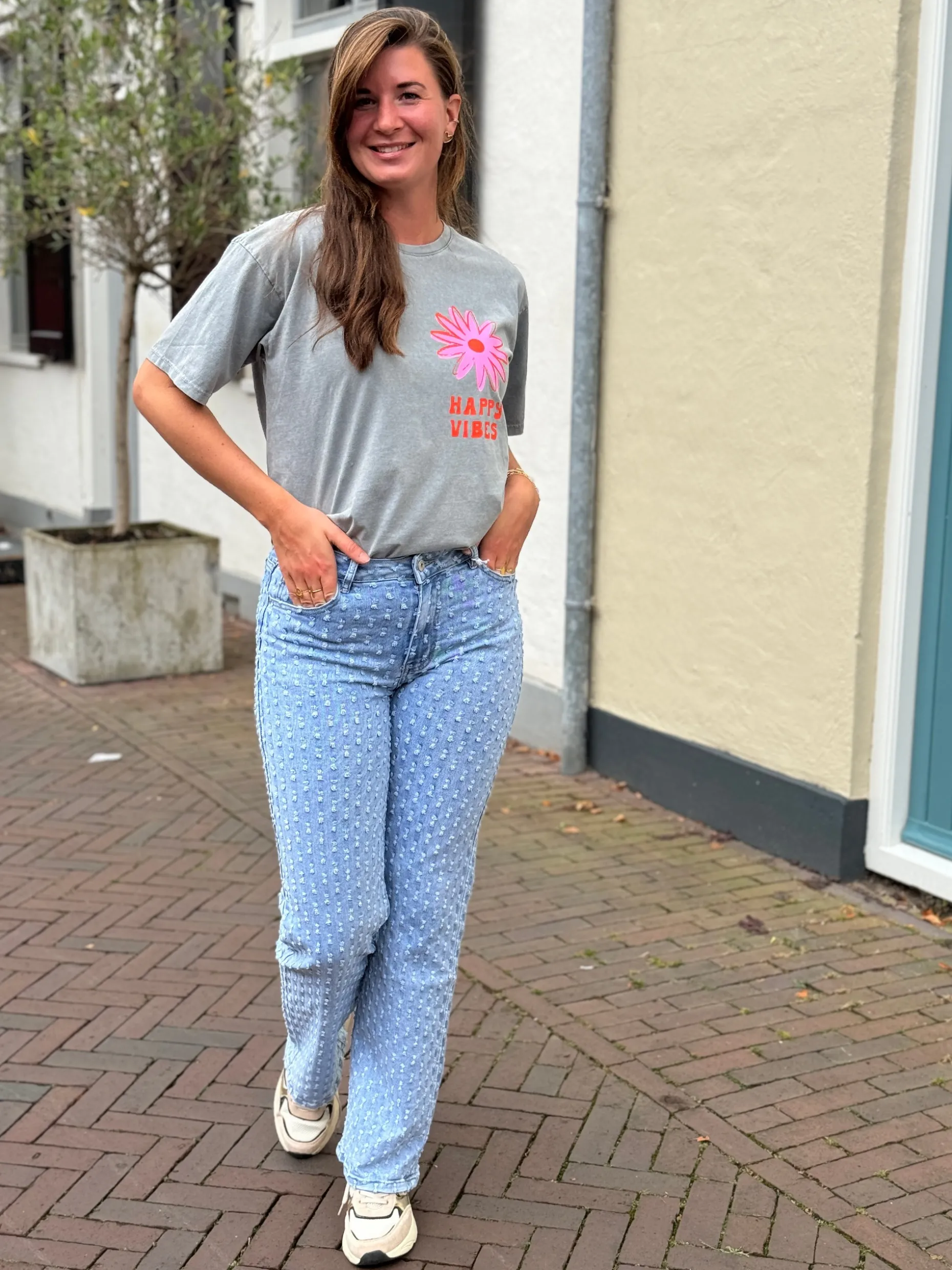 Shirtje Happy Vibes light grey