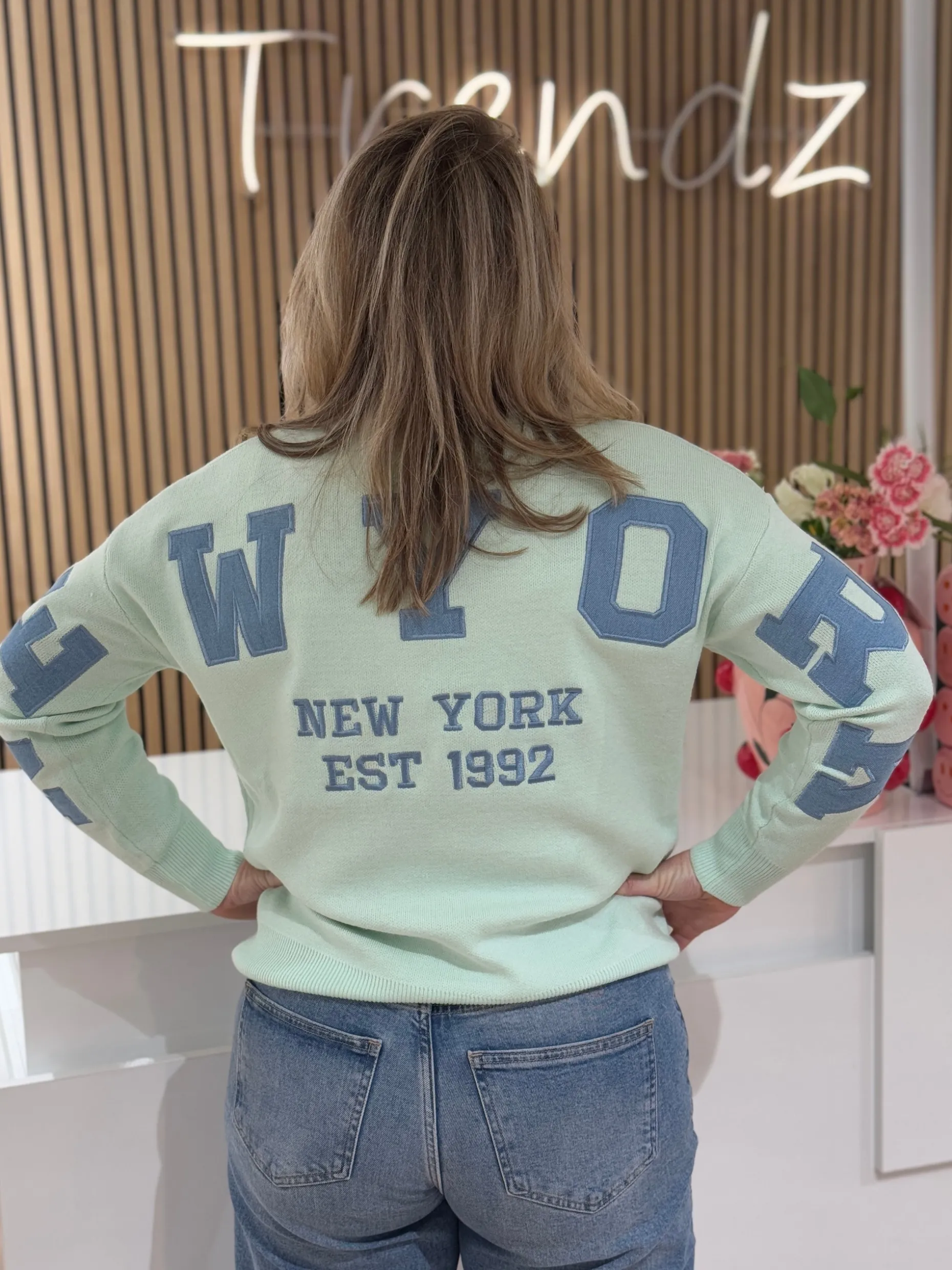 Trui NY mintgroen/blauw