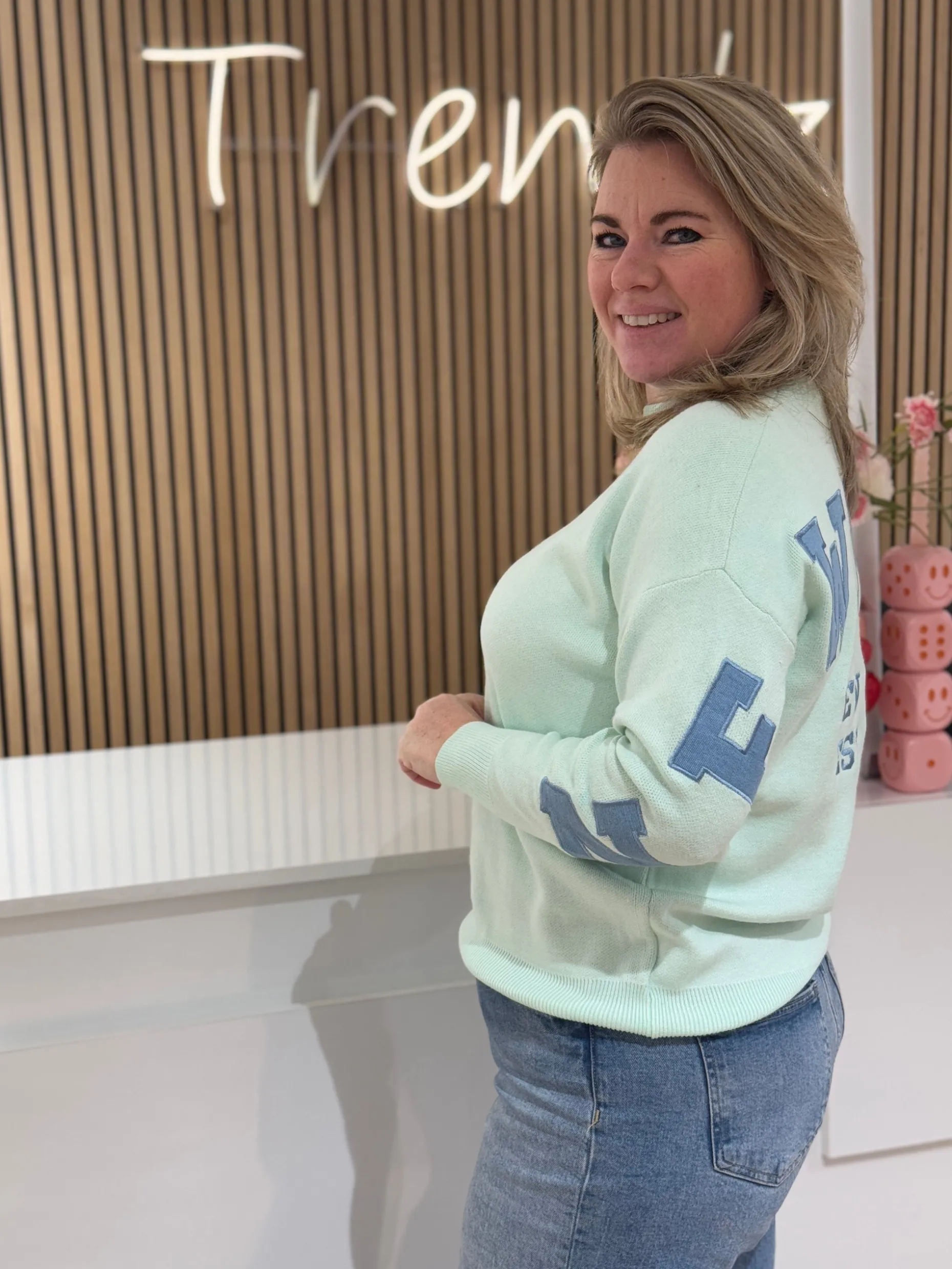 Trui NY mintgroen/blauw
